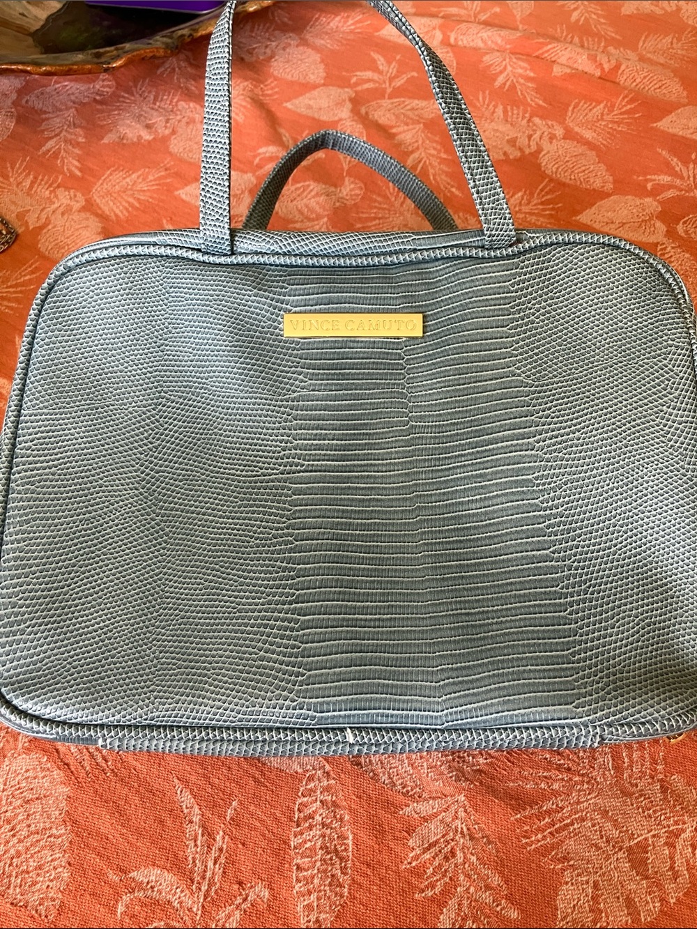 Vince Camuto Gray Embossed cosmetic Tote with Gold Logo